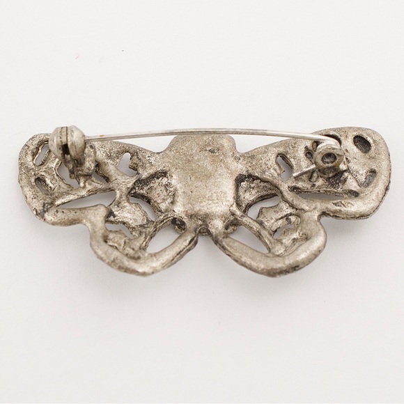 Vintage Bow Brooch Brutalist Style Silver Tone Black Enamel - Picture 3 of 4